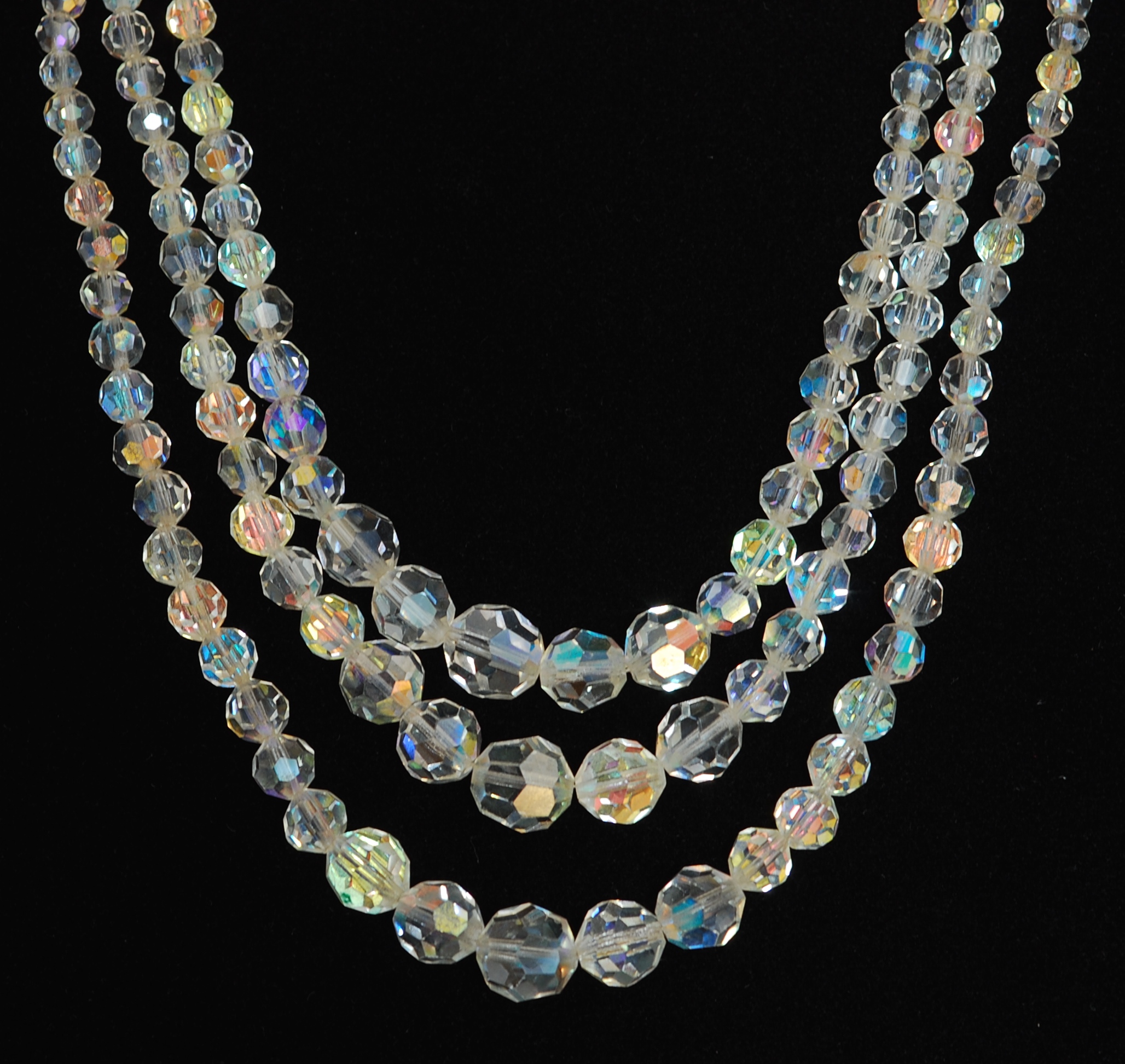 1950’s Faceted Crystal Three Strand Necklace With Briolette Crystal On