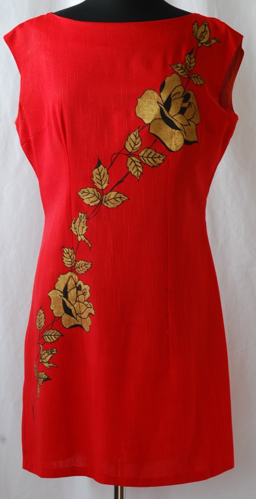 1960's hand painted red linen mini dress