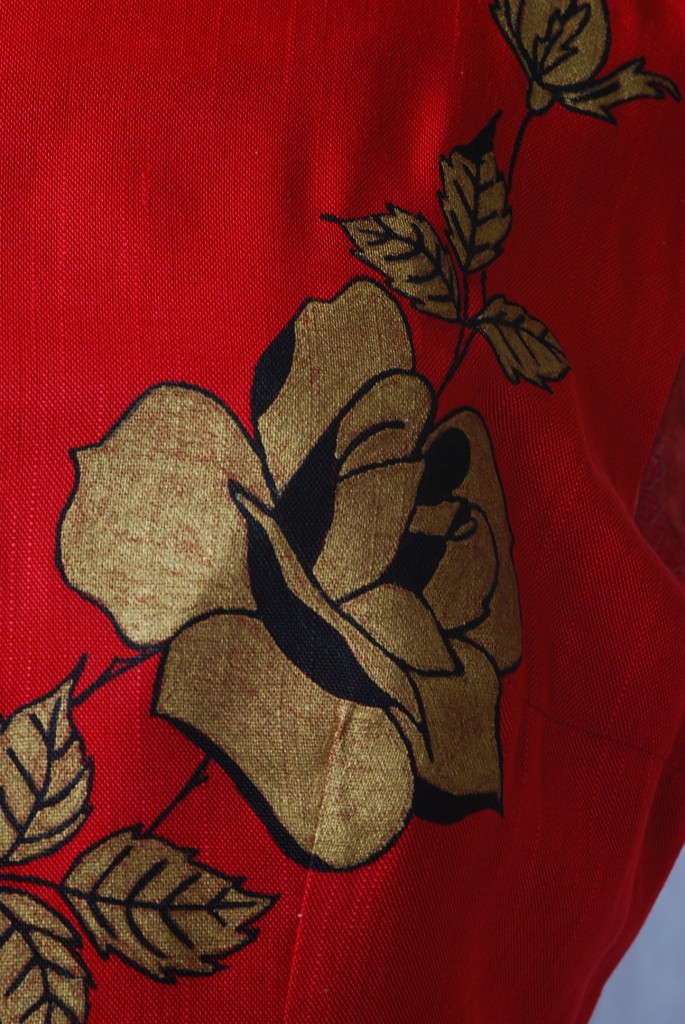 Hand Painted Rose on 1960's Red Linen Mini Dress