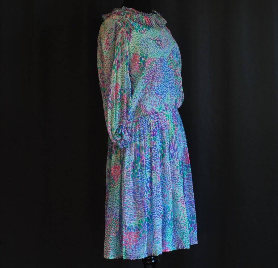 Meme Dysthe 1970's silk dress with tiny floral pattern, made in Canada.