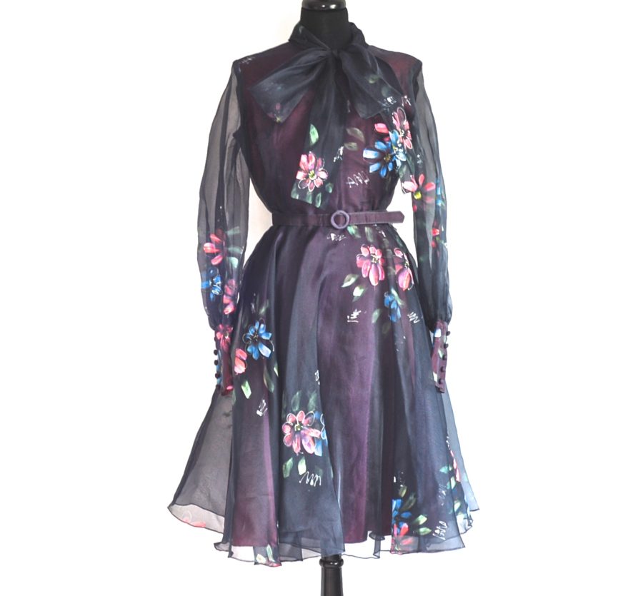 Daymor Couture 1970s hand painted, flared party dress with front tie, made in Canada