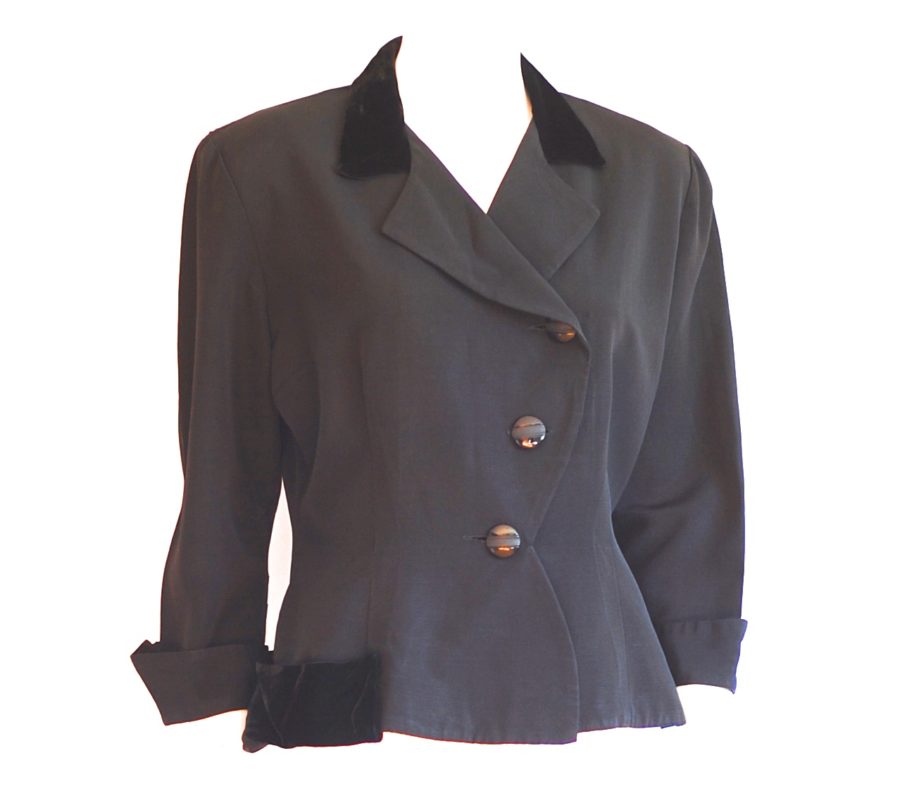 Original Denoir 1940's black velvet trimmed asymmetrical blazer