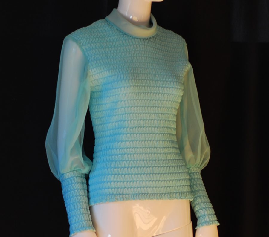1960's blue ruched blouse with chiffon sleeves and metal back zipper