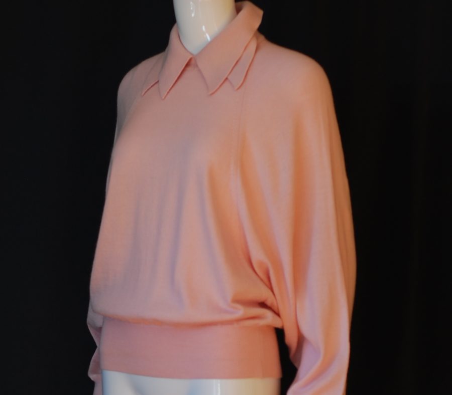 Rodier pink wool sweater with bat wing sleeves and double collar, made in France