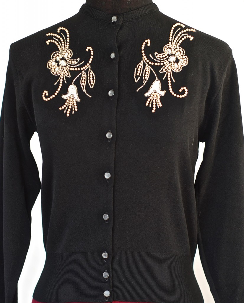 Lady Anne black ban-lon sweater with white beadwork, made in Canada