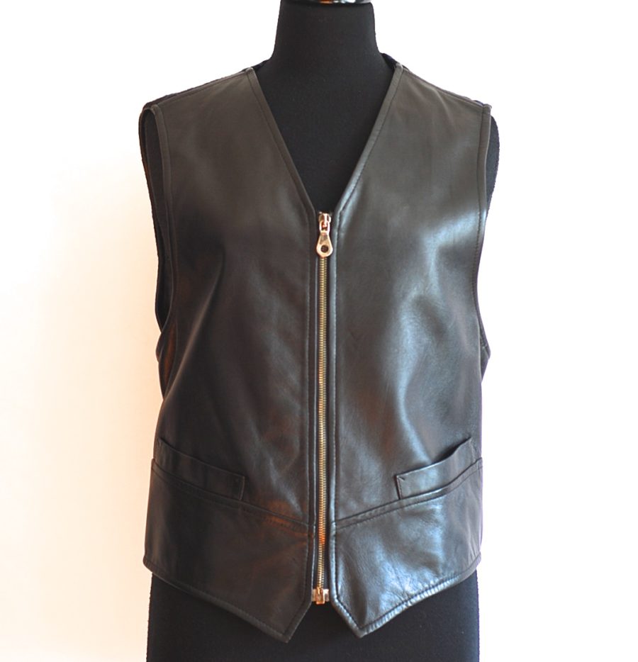 Iceberg 1994 black lamb leather vest with wool back and lining printed with bats, made in Italy
