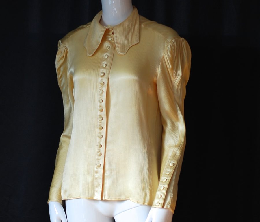 Alice Pollock pale golden long sleeved blouse with covered buttons, made in England