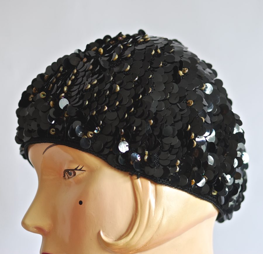 1930's black intricately beaded hand made hat made in Italy