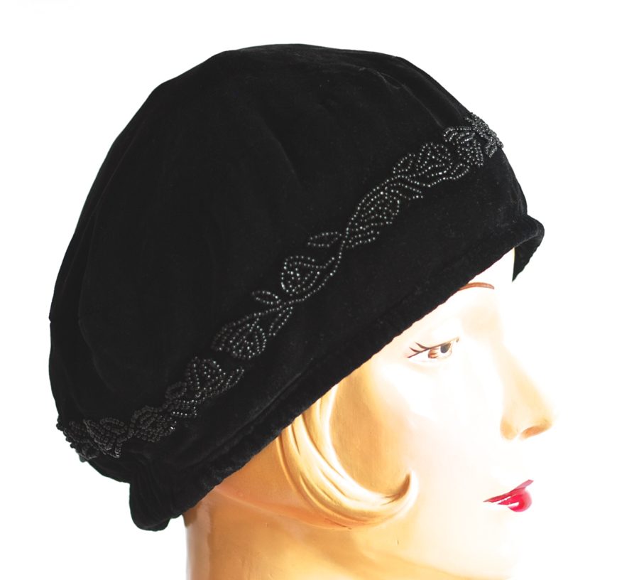 Vintage black velvet hat with beaded trim