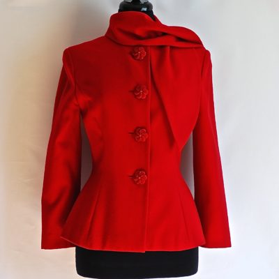 Gianluca Gabrielli red wool blazer with big floral buttons and tie at neck, made in Italy
