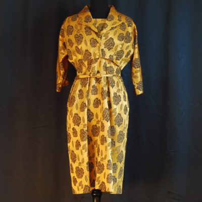 Lawrence Original 1950's Dress & Jacket Set made of black roses on gold jacquard fabric. Made in Canada.