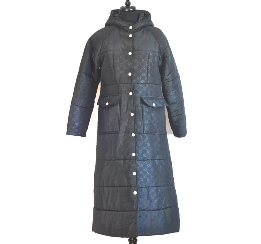 Gucci black logo imprinted winter midi coat with hood, made in Italy.