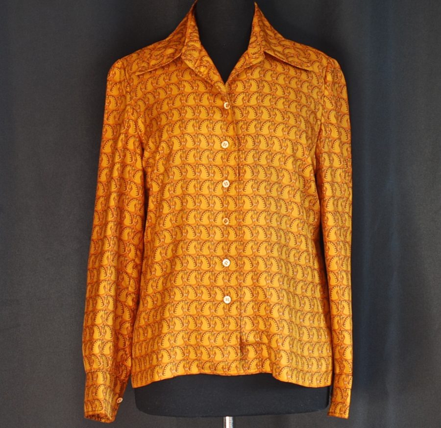 Hermes gold tone 1970's horse's head silk blouse, made in France