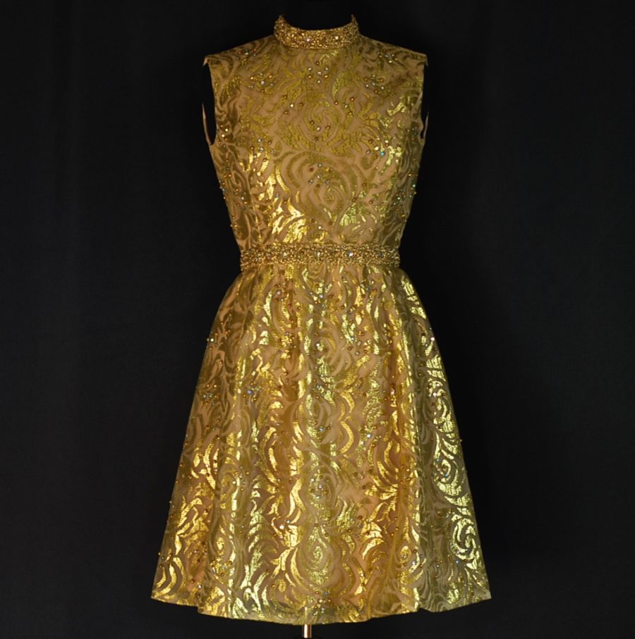 Gino Charles 1960's Gold Lame Party Dress with rhinestone and studs