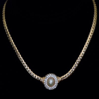 Christian Dior Mid Century Gold Tone Pearl & Crystal Necklace