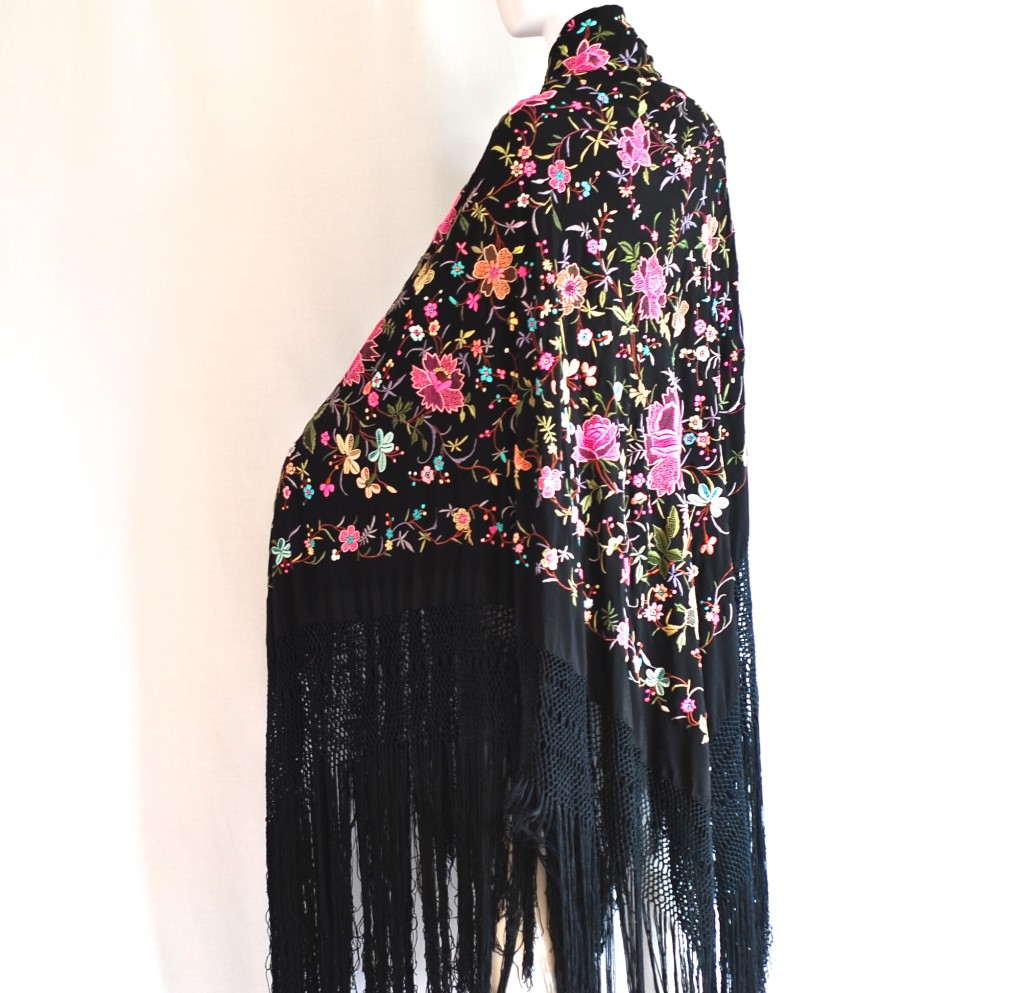 1920's hand embroidered silk fringed piano shawl