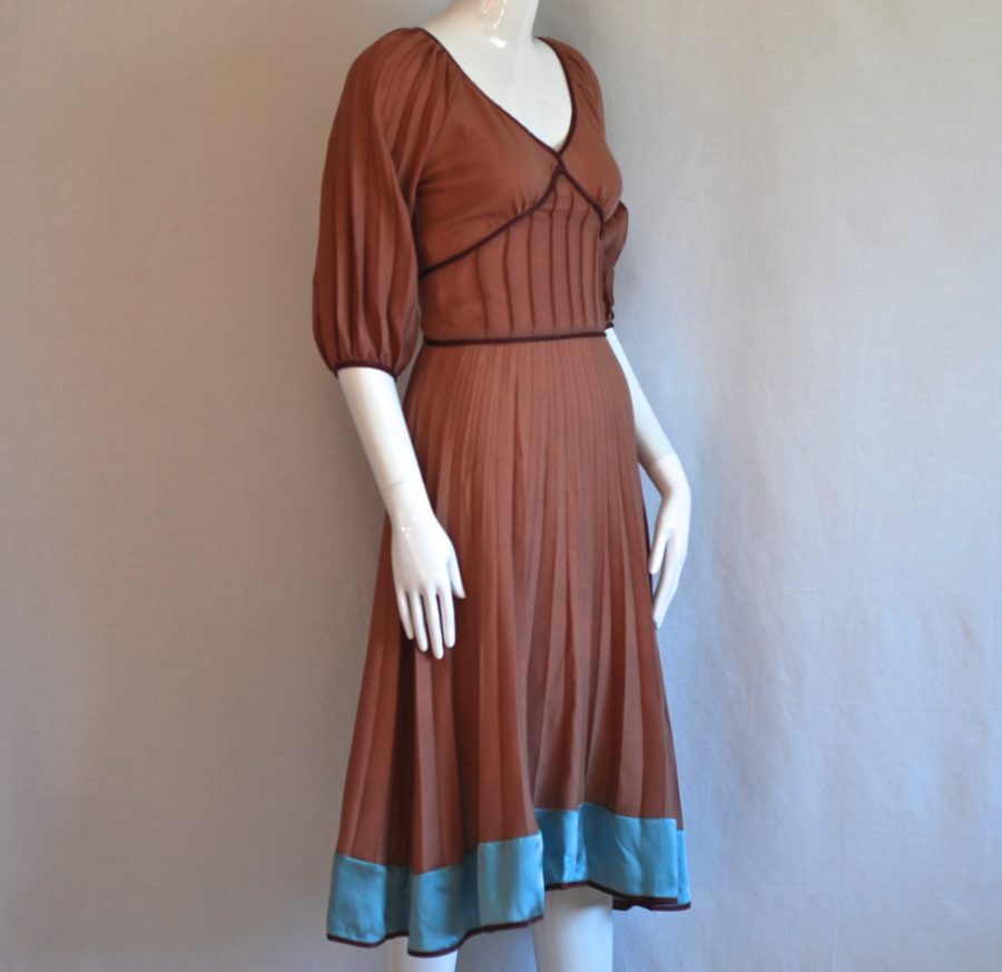 Isis light brown fine wool dress with blue silk trim