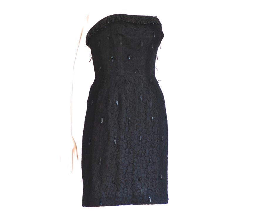 1960's black strapless jacquard dress with couture loop glass beaded trim. Made in Spain.