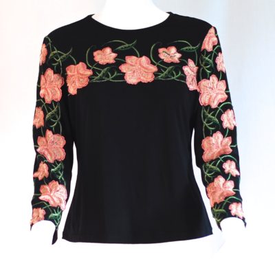 Sunblossom Paris Embroidered Top, black long sleeve with large pink flowers