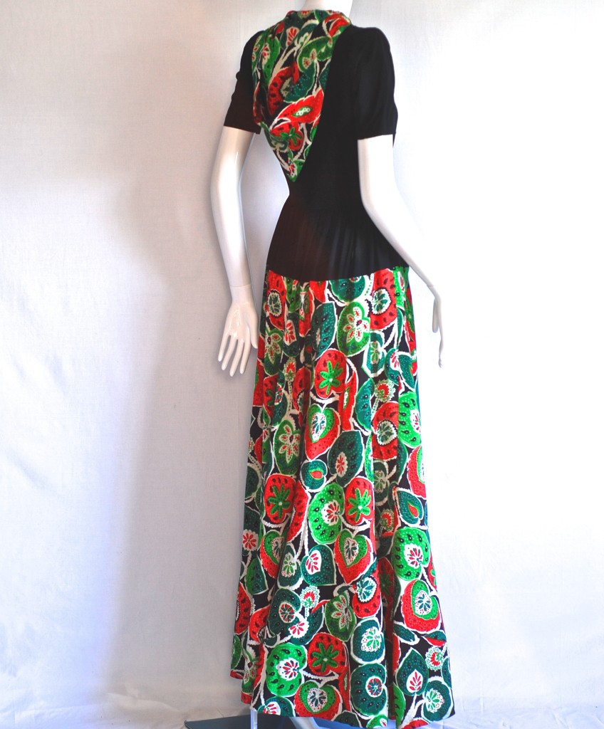 I. Magnin & Co. 1940's printed maxi dress with sweeping skirt and hood.