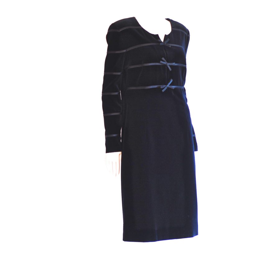 Louis Feraud 1980's black velvet dress with long sleeves and ribbon accents. Made in Germany.