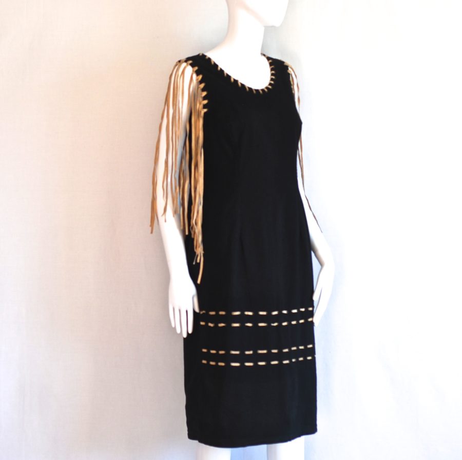 Bianca Maria Caselli black fringed cotton dress with natural leather fringe, made in Italy