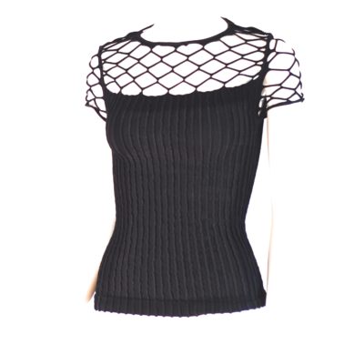 Ribbed knit black short sleeve top with netting on the bodice, made in USA