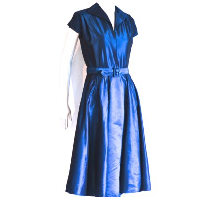 1940's Midnight Blue Taffeta Dress with pleated skirt and matching belt