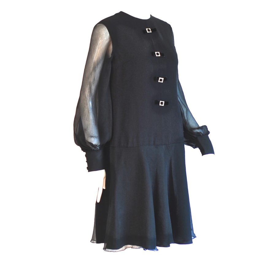Wilhelm Model Style 1960's black drop waist dress with rhinestones, silk chiffon sleeves and skirt, made in Switzerland.