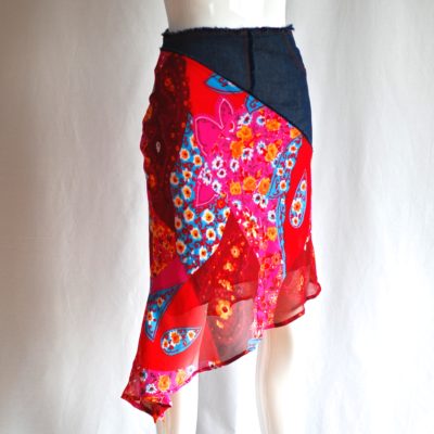 Equivoque Paris asymmetrical blue and red casual skirt, made in France