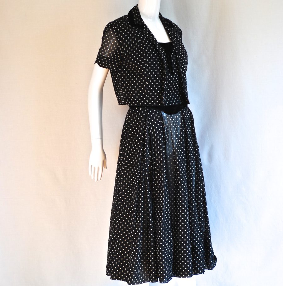 An Original by Lorayne 1940's black and white polka dot dress and jacket with velvet trim.