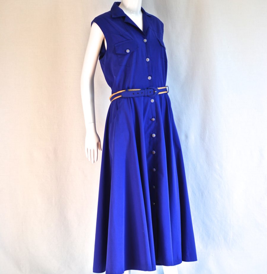 Harrod's Knightsbridge Shubette blue sleeveless summer midi dress. Made in UK.