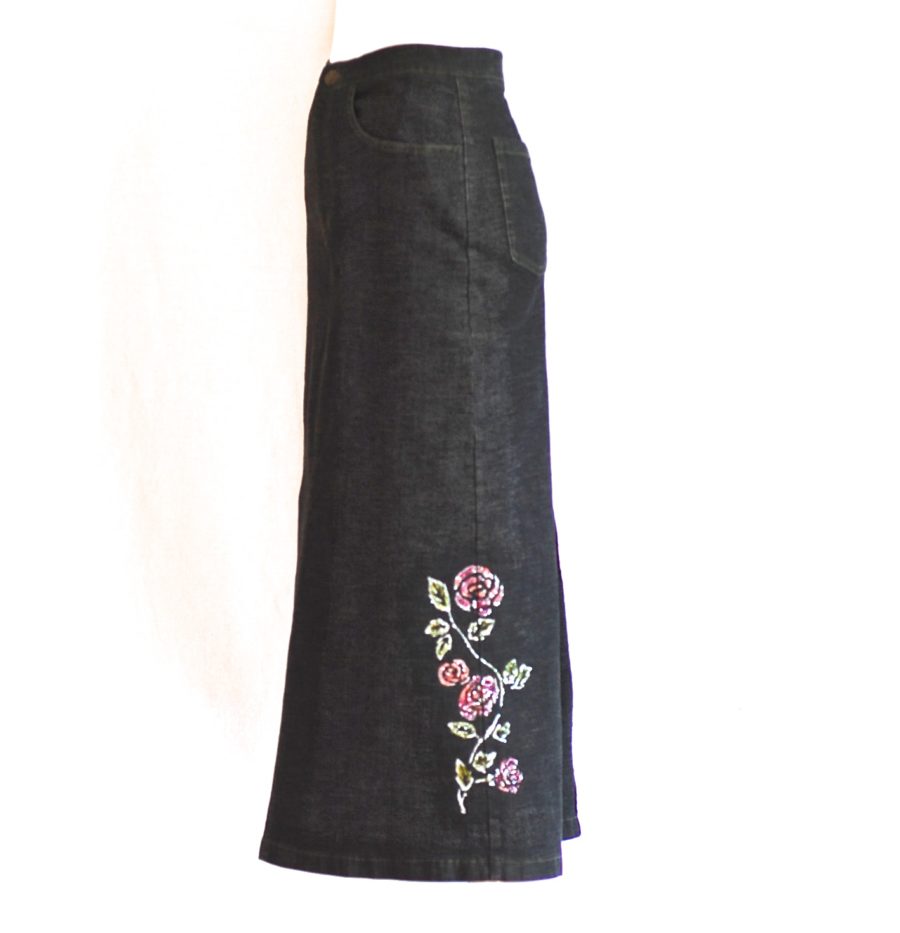 Gray denim midi skirt with floral painting, made in France