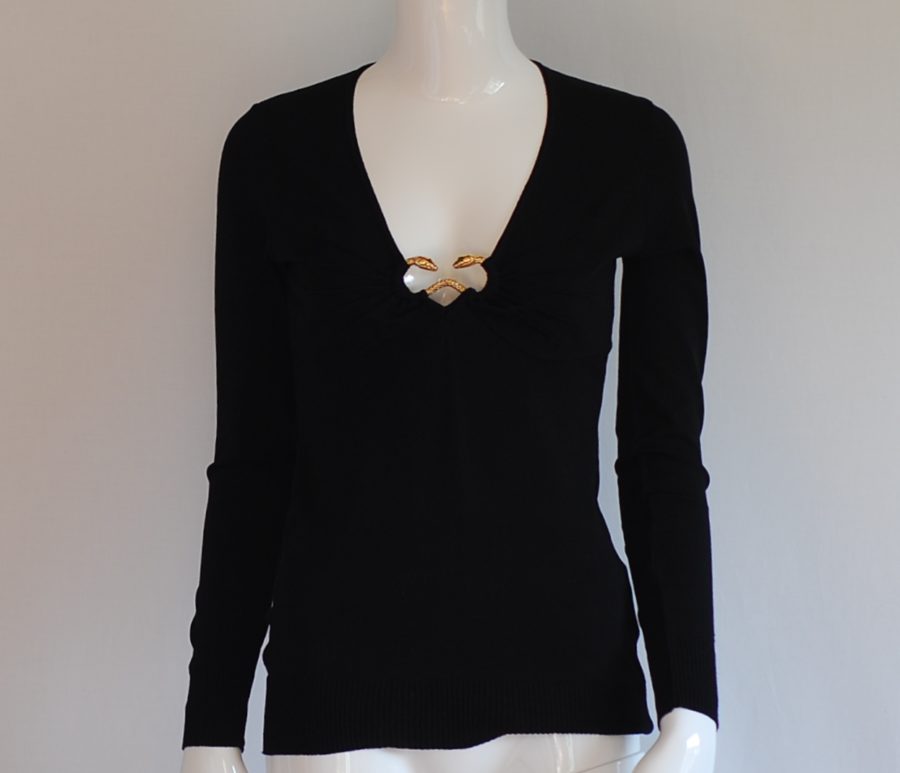 Roberto Cavalli black top with gold snake accent on front, made in Italy.