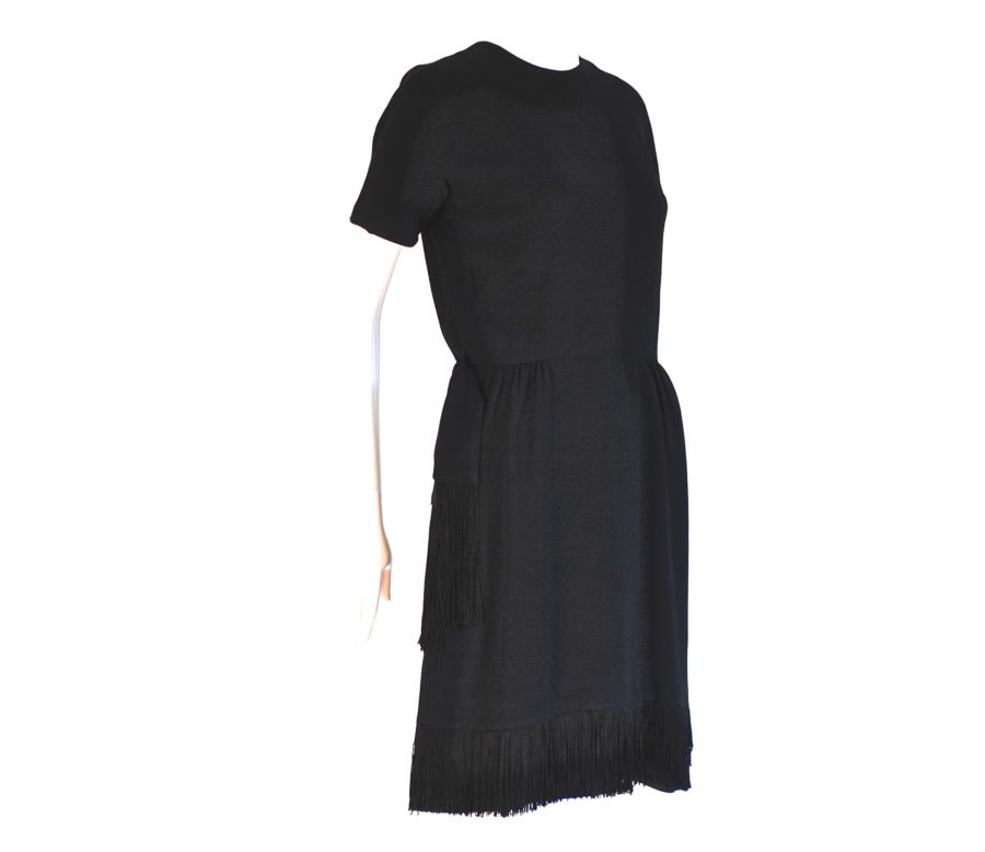 Harold Taub for Madame Runge 1960's black cocktail dress with fringed bottom. Made in Canada.