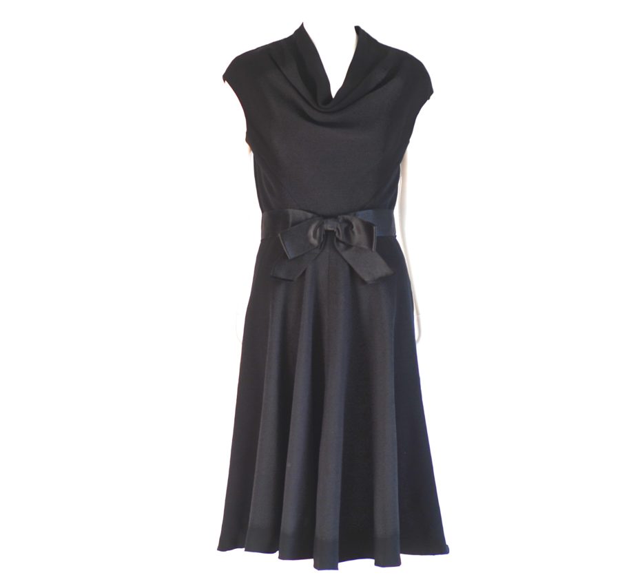 Myer Kahan 1960's black cocktail dress with cowl next and satin waistband, made in Canada
