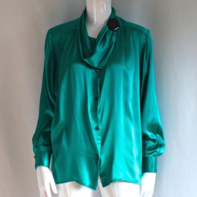 Vanessa green long sleeve silk blouse with a big black button accent, made in Italy