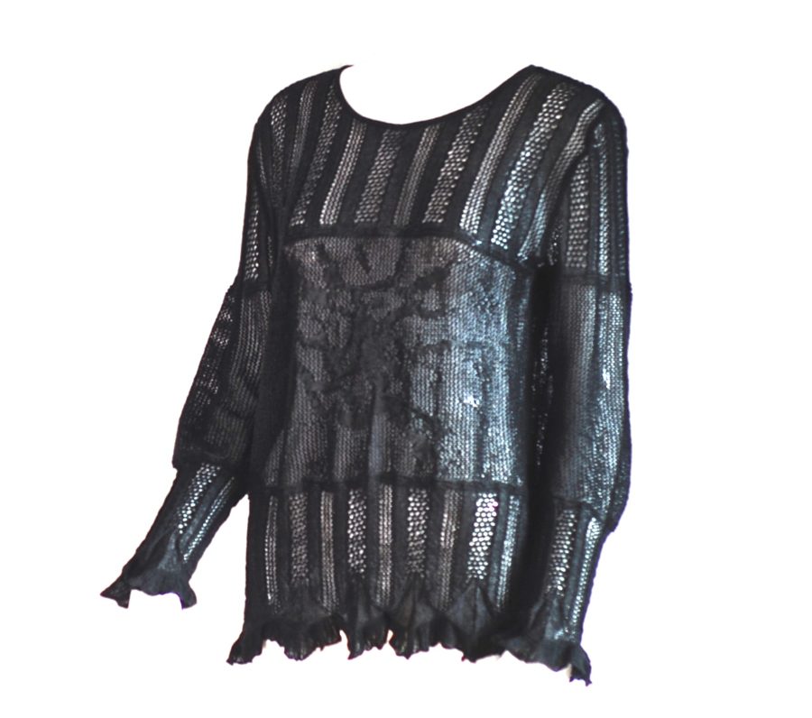 Carella long sleeve black knit top with varied patterns, semi sheer, made in Italy