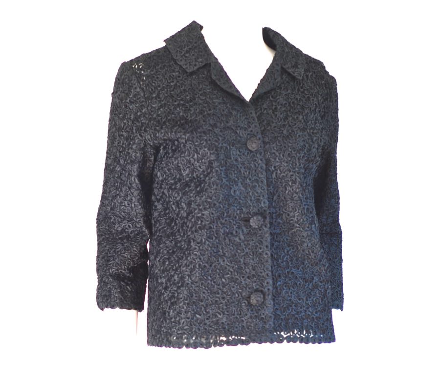 Lucia 1950's stunning black jacquard jacket with covered buttons, amde in Italy