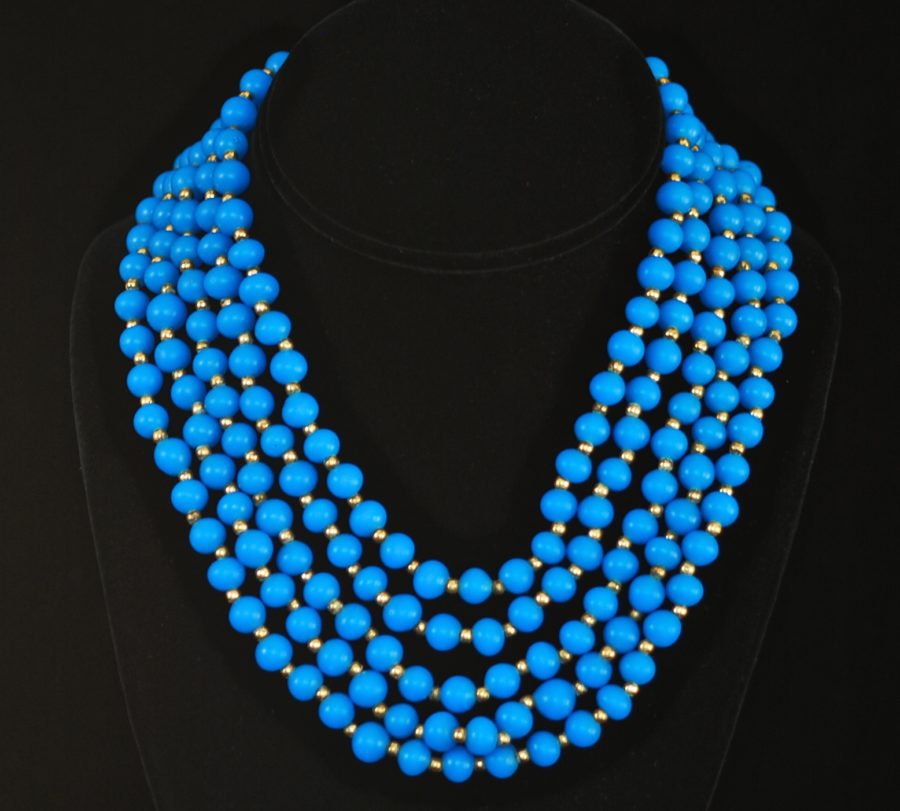 1950's deep blue glass bead multi-strand necklace