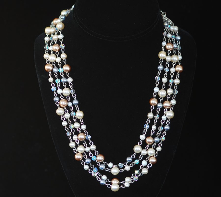 1960's faux pearl and crystal multi strand necklace