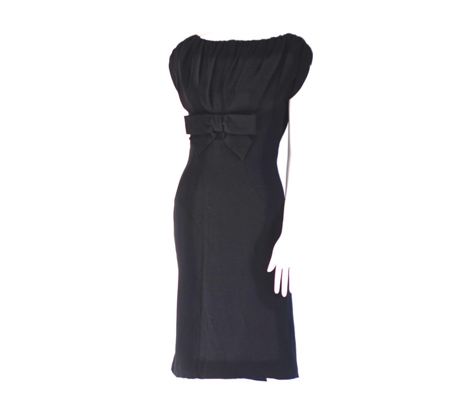 Jermaine's 1950's black bombshell dress with gathered top, made in Canada.