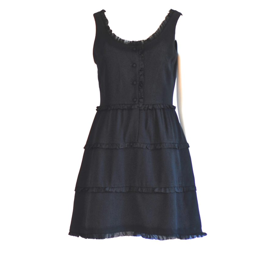 Ricki Reed By marchioness 1960's black crepe mini dress with ruffled trim, made in France.