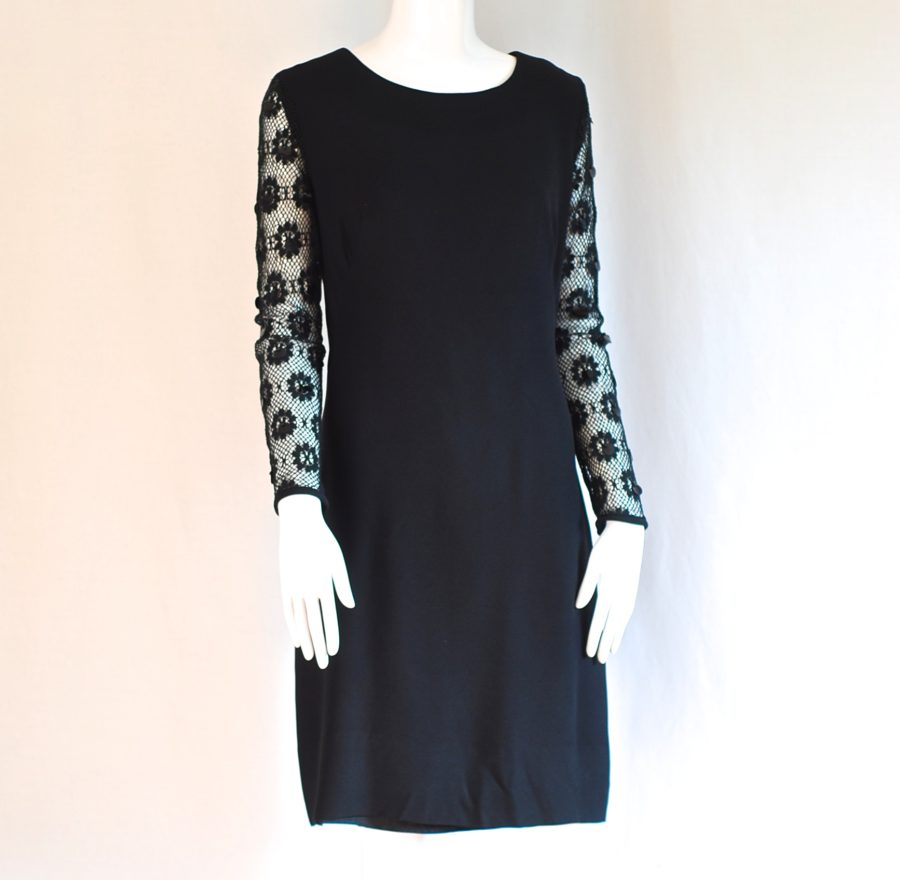 An Original J&S Missy Creation black knee length dress with embellished sleeves, made in Canada