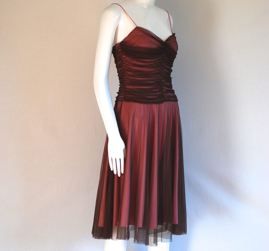 Betsey Johnson flared brown dress with gathered bodice and spaghetti straps, made in USA
