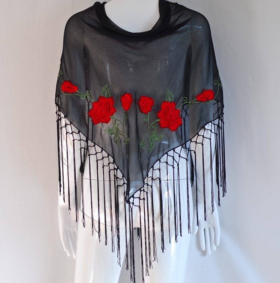 Red on black embroidered shawl or scarf with fringed edge