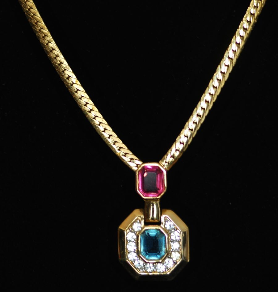 Nina Ricci Vintage necklace with pink, blue and clear crystals, signed