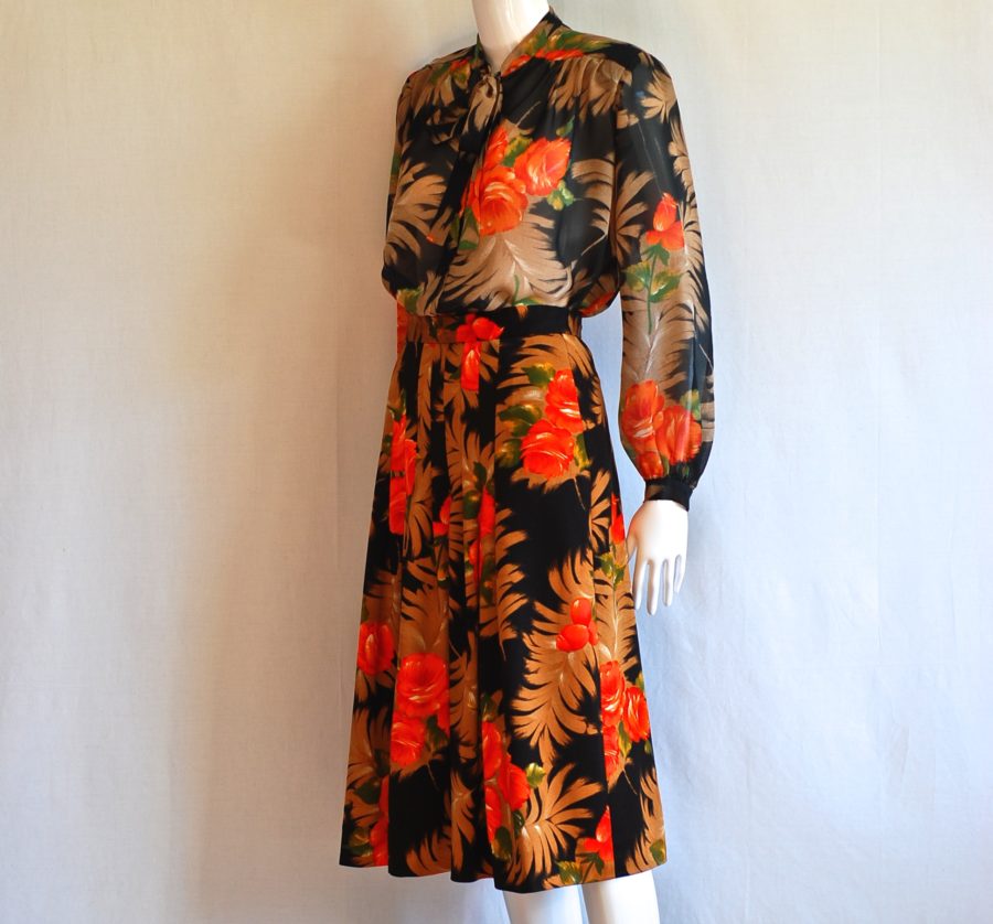 Oleg Cassini Signature Collection Vintage orange and black floral skirt and top