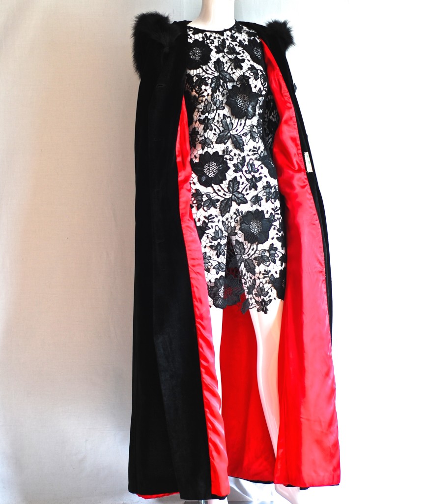 Fur trimmed, red lined, black opera cape made in canada