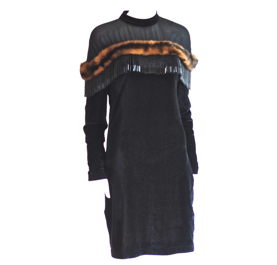 Maria Michele black dress with fur and bead trim, long sleeve - made in France
